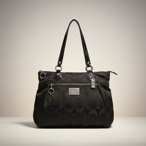✨ Coach Poppy Black Signature Tote Pink Satin Lining Patent Trim EUC